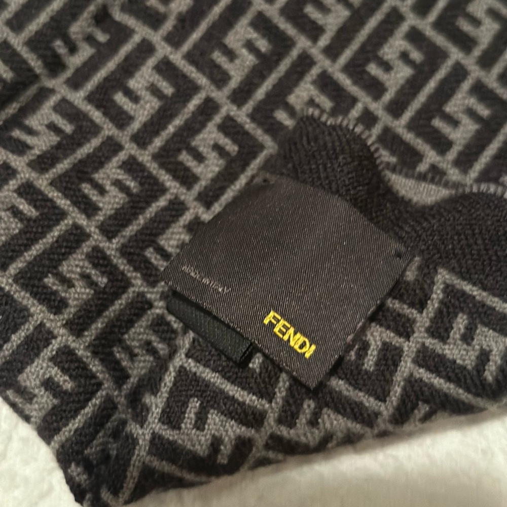 Authentic Fendi FF Monogram Wool Scarf Brown Black Fringe Made in Italy